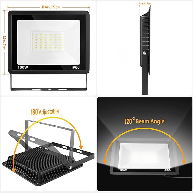 100W LED Flood Light Outdoor 2Pack 10000LM Super Bright IP66 Waterproof Outside Work Lights 6500K Daylight White Security Lights Plug in Flood Light for Yard Garage Garden Patio