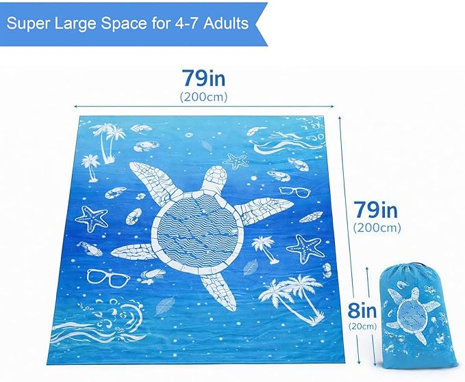 Beach Blanket Sandproof Waterproof 79 X 79 Oversized Outdoor Picnic Blanket Large Sand Free Beach Mat Lightweight Foldable Mat for Travel Camping Festival (Sea Translucent Turtle)