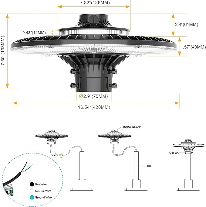 150W LED Post Top Light with Dusk to Dawn Photocell 21000 lumens 5000K Circular Area Pole Lights IP65 Waterproof Outdoor Post Light for Garden Pathway Yard Street Lighting UL Listed AC100-277V