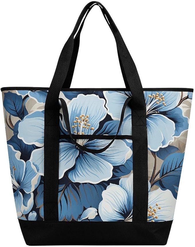 Insulated Shopping BagLarge Reusable Cooler Bags Blue Hibiscus Flower Printed Foldable Shopping BagTravel Waterproof Shoulder Bag