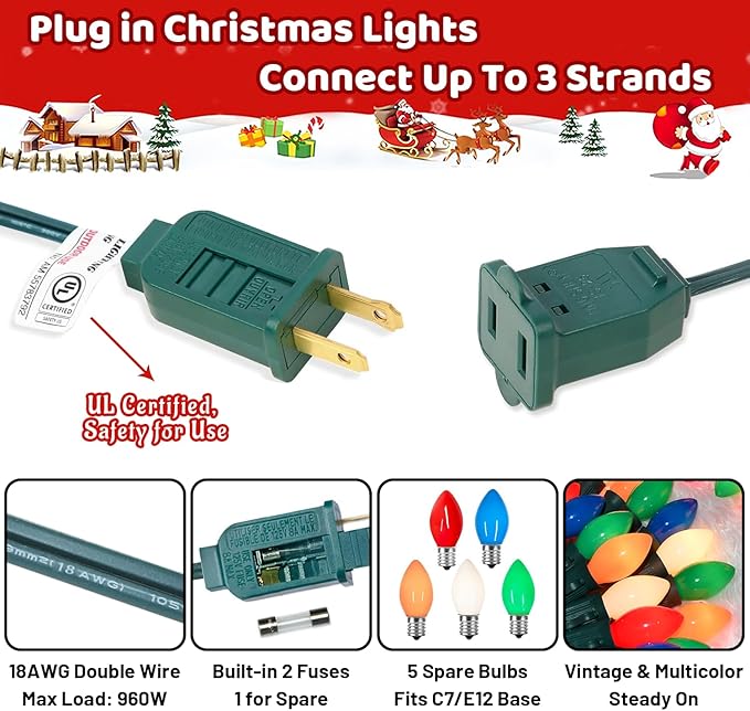Christmas Decorations - 50 Feet C7 Vintage Christmas Lights Multicolor Christmas Tree Lights Outdoor Christmas String Lights with 50+5 Pack Bulbs for Christmas Tree Home Patio Yard Decor E12 Base