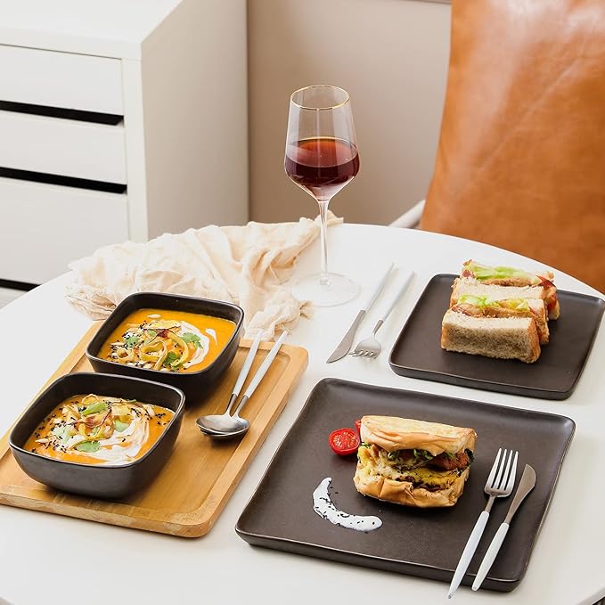Stone Lain Jonny Stoneware 12 Piece Dinnerware Set Home Kitchen Modern Square Dish Set with Dinner Plates Salad Plates &amp Bowls Brown