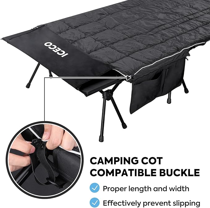 ICECO Camping Cot with Camping Blanket for Adults 900D Oxford Fabric Height Adjustable with Cot Leg Extenders Sleeping Cot for Camping Hiking Beach Home Lightweight Comfortable(L-Black)