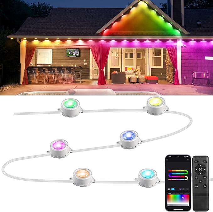 FVTLED 100FT Permanent Outdoor Lights for House Smart RGB+IC LED Eaves Lighting with APP/Remote Control IP67 Waterproof Outdoor String Light with 72 LED Lights for Garden Decor Deck Christmas