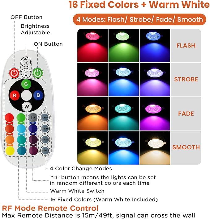Junview Low Voltage Landscape Lights 10W RGBW Warm White LED Well Landscape Lighting Remote Control IP67 Waterproof Outdoor 12V-24V Pathway Deck Ground Lights(10Pack with Connectors)