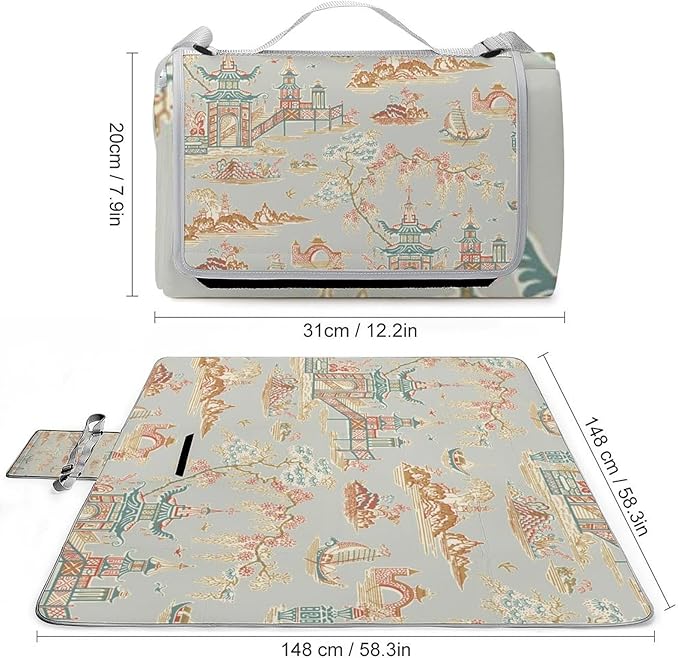 Blue and White Ancient Chinese Folk Chinoiserie Style Waterproof Outdoor Picnic Blanket Sandproof Beach Mat for Camping Hiking Grass Travelling