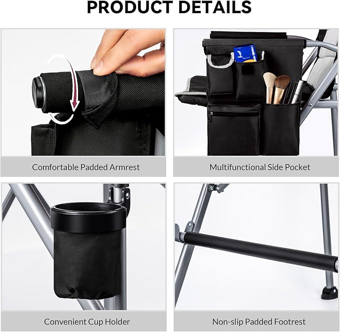 Foldable Directors Makeup Salon High Chair - Portable Camping Bar Height Folding Photoshoot Chairs with Stroage Bag Cup Holder Non-Slip Footrest Supports 400 lbs Black Tall Director Chair