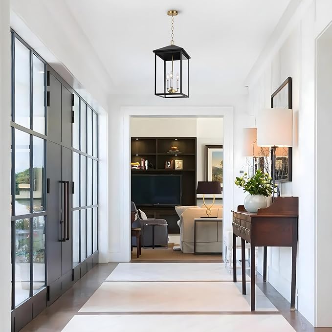 LamQee 21.2'' Large Outdoor Pendant Light Fixtures 3-Light Modern Black Exterior Ceiling Hanging Lantern with Gold and White Candle Outside Chandelier Lighting for Front Porch Entryway Patio Gazebo