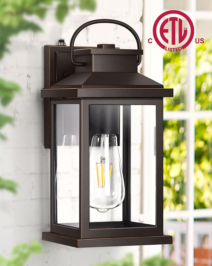 VIANIS Outdoor Porch Lights for House Farmhouse Oil Rubbed Bronze Gold Trim Exterior Light Fixtures Wall Mount Sconce Anti-Rust Dusk to Dawn Outdoor Lighting Lantern for Garage Front Patio 2-Pack