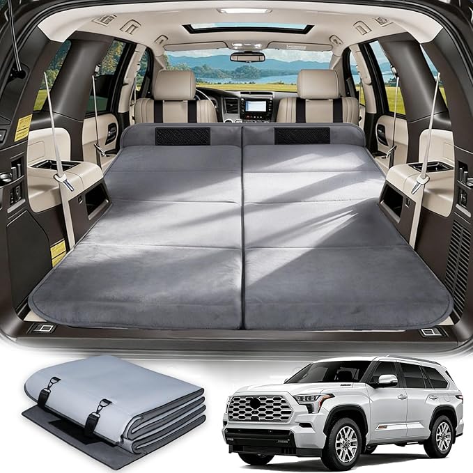 Car Bed for Toyota Sequoia Foldable Non-Inflatable Memory Foam Camping Mattress Thickened Portable SUV Trunk Sleeping Pad Air Mattress Upgrade for Camping &amp Travel Essentials With Storage Bag