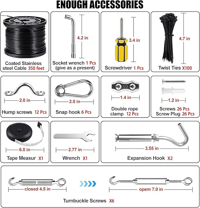 Upgraded Outdoor String Light Hanging Kit 350ft Globe String Light Suspension Kit w/Expansion Hook Stainless Steel 304 String Light Guide Wire Black Guy Wire kit for Wedding Dinner Barbecue