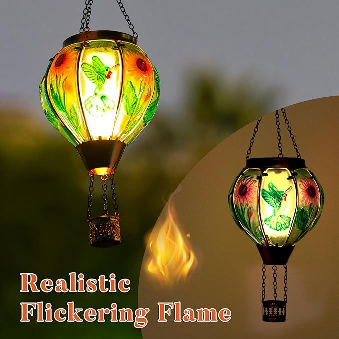 Hummingbird and Sunflower Solar Hot Air Balloon Lantern with Flame Glass Hot Air Balloon Solar Lantern Outdoor Waterproof Hanging Solar Lantern for Outside Garden Patio Tree Porch Yard