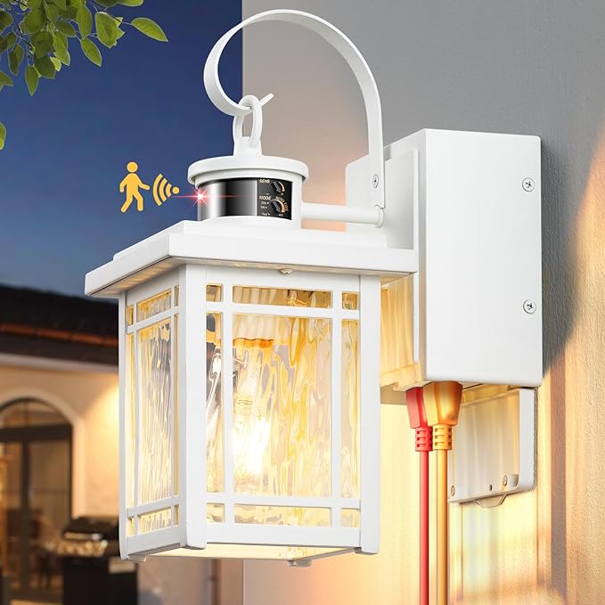 Outdoor Porch Light with GFCI Outlet White Exterior Lighting Fixtures Wall Mount Motion Sensor Outdoor Wall Sconce Anti-Rust Coach Lights for Garage Modern Patio Lantern Lights for House
