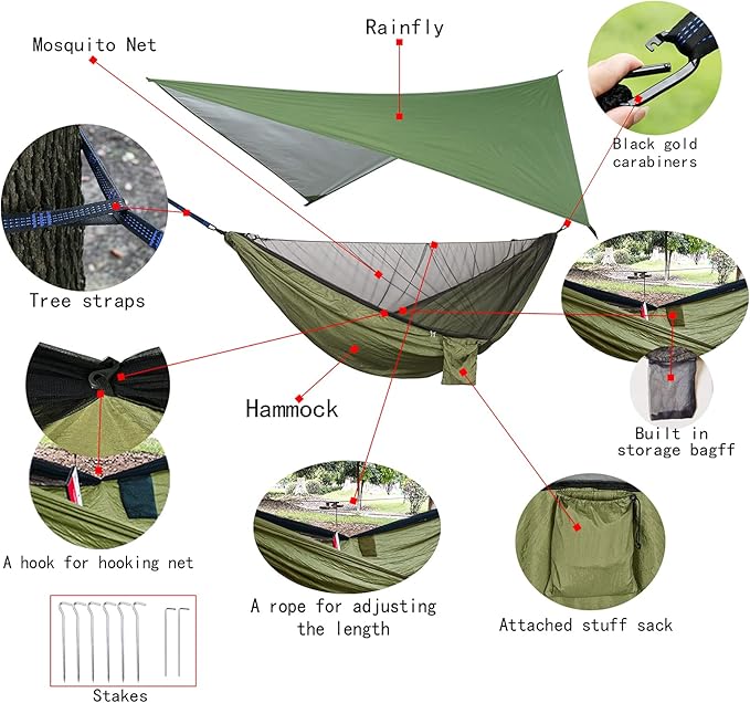 Oversized rain TarpaulinCamping Hammock with Mosquito Net Rain Fly Heavy Duty Tree StrapSingle Double Hammock Tent Waterproof Rainfly SetCamping Backpacking Backyard Patio Hiking Travel Outdoor