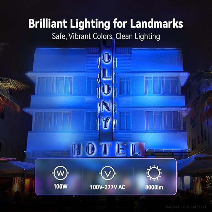 LEONLITE Smart RGB 100W LED Flood Light with Knuckle Bluetooth Connection APP Control Commercial Area Lighting for Outdoor Decorations Garden Yards 3000K-5000K Dimmable 100-277V IP65 Waterproof