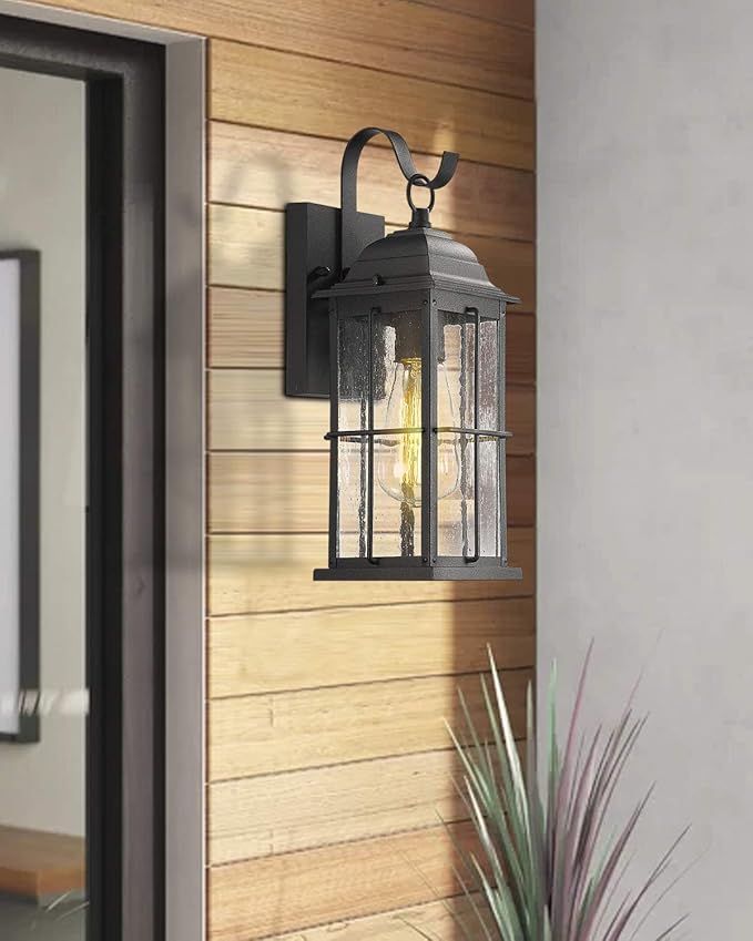 zeyu 1-Light Outdoor Wall Sconce Lantern 14 inch Exterior Light Fixtures Wall Mount in Black Finish with Seeded Glass Shade 20071B1
