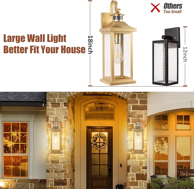 2-Pack Gold Dusk to Dawn Motion Sensor Lights 18 Inch Large Outdoor Light Fixtures IP65 Waterproof Anti-Rust Brass Outside Lights for House Photocell Modern Exterior Lanterns Wall Mounted