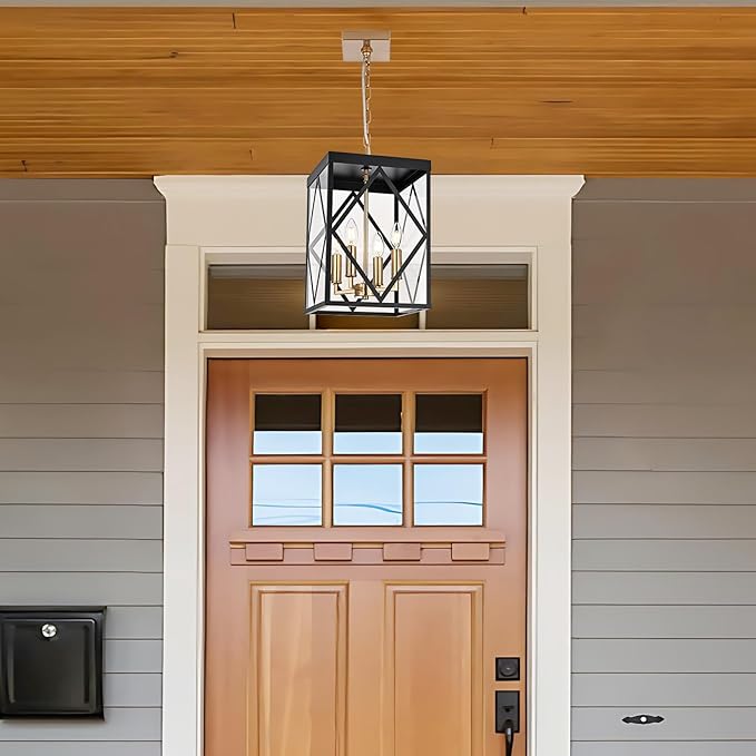 4-Light Outdoor Pendant Lights for Porch 15.7'' Outdoor Chandelier Black &amp Brushed Brass Exterior Hanging Porch Light Fixtures w/Clear Glass Waterproof Outside Pendant Lantern for Front Door