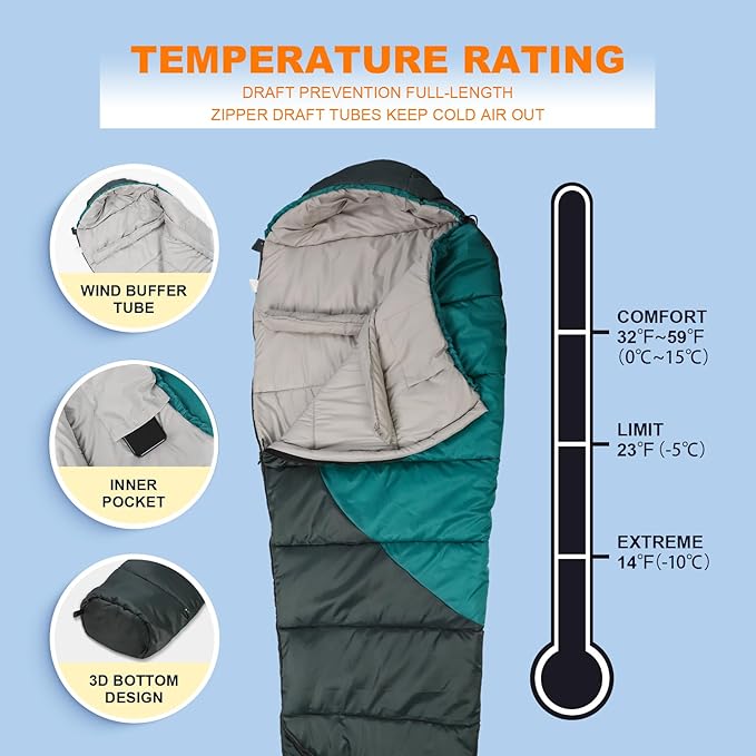 Northroad Mummy Sleeping Bag 14-59 ℉ 3-4 Season Warm &amp Cool Weather Summer Spring Fall Lightweight Washable Sleeping Bag for Outdoor Camping Hiking Travel Hunting
