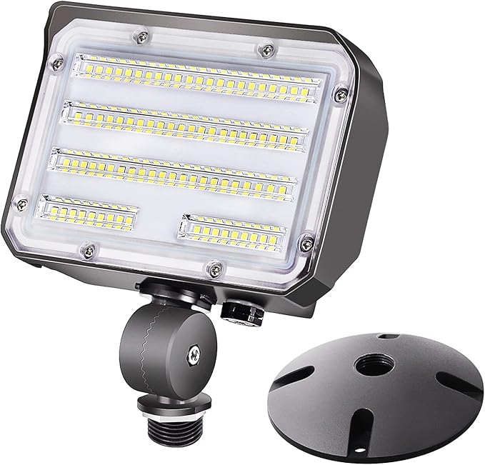 60W LED Flood Light with Knuckle Outdoor Security Fixture Dusk-to-Dawn Photocell 5000K 7800lm(300W Equivalent) 100-277V IP65 Waterproof with Base for Wall Mount for Entrance Garden Yard
