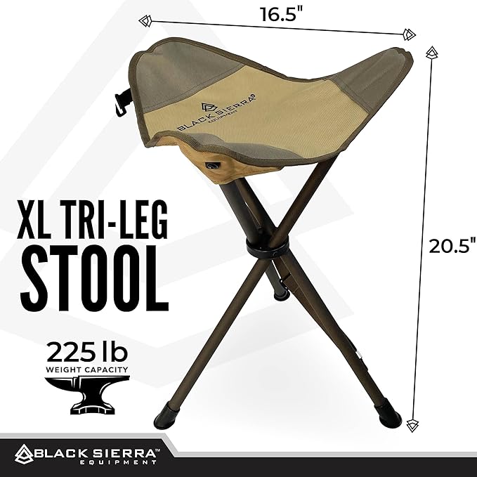 Black Sierra Folding Hunting Stool w/Shoulder Strap Supports 225 lbs Lightweight Collapsible Tripod Seat Foldable Steel Frame Chair Perfect for Hunting Blind Fishing Hiking Travel