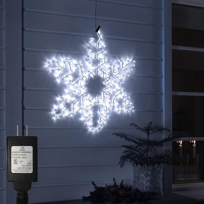 DBFAIRY 27 Christmas Big Snowflake Lights Mains Powered Window Hanging Lights Christmas Snowflakes Light16.8Ft Long Cable Festive Decor for Porch Wall Window Decor