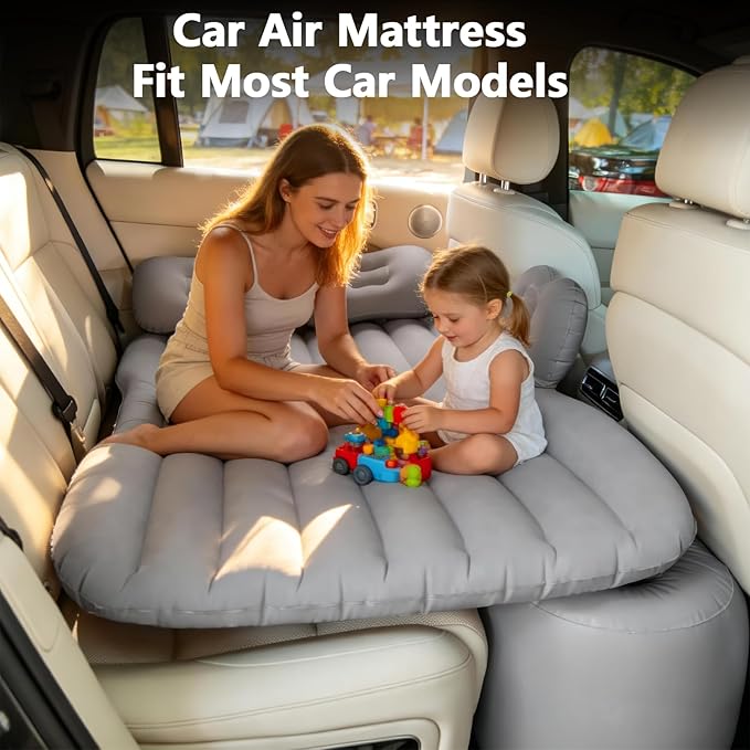 Thickened Inflatable Car Bed Air Mattress with Safety Side Wedge/Built-in Air Pump &amp 2 Pillows/Back Seat Camping Sleeping Pad for SUVs and Sedans/Portable Foldable Airbed for Travel/Gray