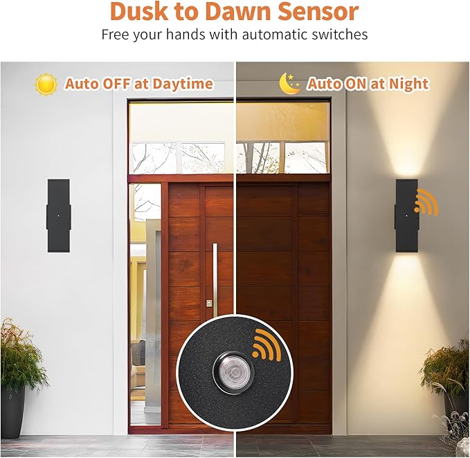 Dusk to Dawn Outdoor Lighting LED Square Up and Down Outdoor Sconce Lights Matte Black Exterior Lighting Fixtures with 7W LED Bulbs Front Porch Lights for house Garage Patio Doorway 4 Pack