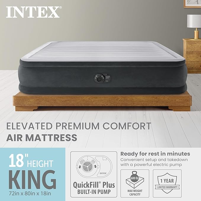 Intex 18 Inflatable King Air Mattress Elevated Premium Comfort with Built-in Pump Self-Inflating Portable Blow-Up Airbed for Guest Bed or Camping