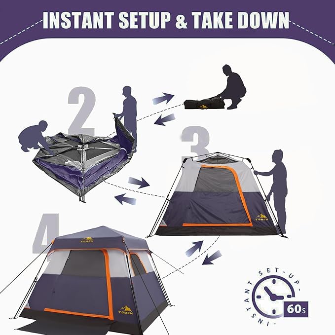 3/4 Person Camping Tent with 1 Door 4 Windows and Upgraded Ventilation– Instant Setup Waterproof 8'x 8'x 67''Oxford Fabric Floor Pop Up in 60 Seconds Includes Rainfly and Backpack