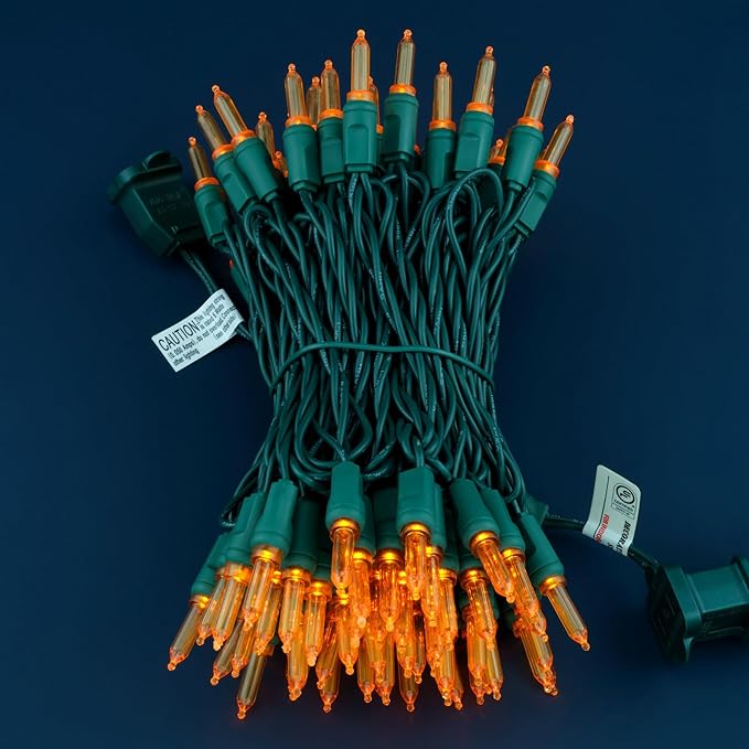 100 Orange One-Piece LED Christmas Lights 33 ft Green Cord High Waterproof UL Certified T5 Outdoor String Lights (Orange)