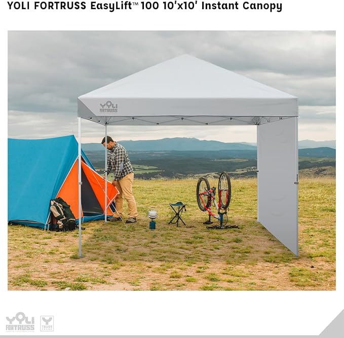 YOLI FORTRUSS EasyLift 10’x10’ Pop Up Instant Canopy with Reinforced Y-Truss Frame 99% UV Protection Water Resistant &amp Fire-Retardant Top 4 Height Settings with Sidewall and Wheeled Carry Bag