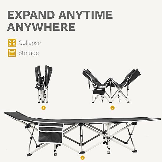 DWVO 2PCS Camping Cots Portable Recliner Lounge Chair w/Mattress Outdoor Folding Cot Heavy Duty 575 LB Capacity 1200D Oxford w/Carry Bag Travel Camp Bed for Camping Office Traveling Black