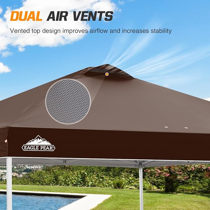 EAGLE PEAK Pop Up Canopy Tent with Wheeled Carry Bag 8 Stakes 4 Ropes 4 Weight Bags Easy Set Up Tent Canopy 10x10 ft 100sqft of Shade Brown