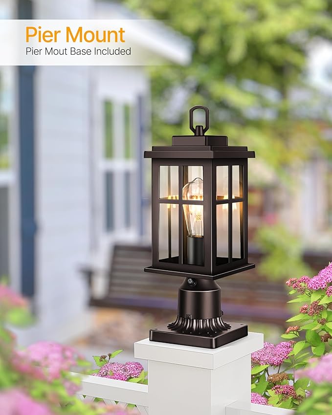 Dusk to Dawn Outdoor Post Lights Bronze Outdoor Lamp Post with Pier Mount Base Waterproof Lamp Posts Outdoor Lighting with Tempered Glass for Garden Porch Patio(Hardwired 120V Not Solar)