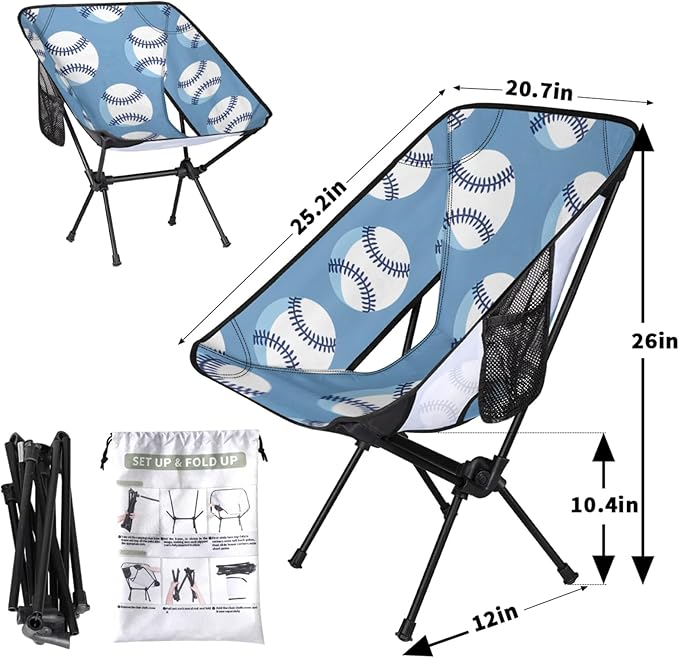 Honeybaby Folding Camping Chair Baseballs Print Camping Chairs Lightweight Portable Chair Outdoor Foldable Chairs for Camping Travel Picnic Beach Hiking