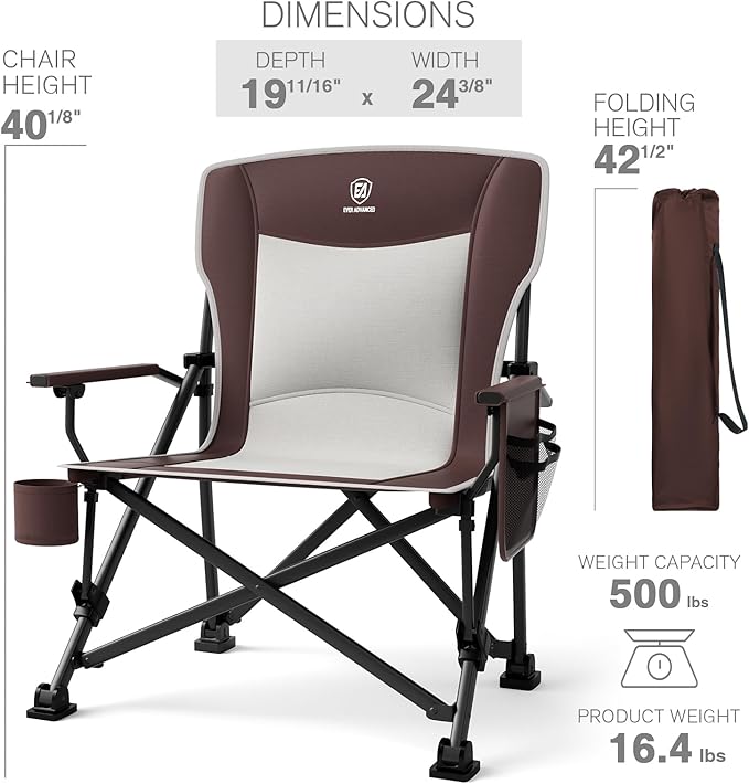 EVER ADVANCED Oversized Folding Camping Chair for Adults Heavy Duty Lawn Chair with Side Pockets Portable Collapsible Quad Chair for Outside Support Up to 500lbs Red 2Pack