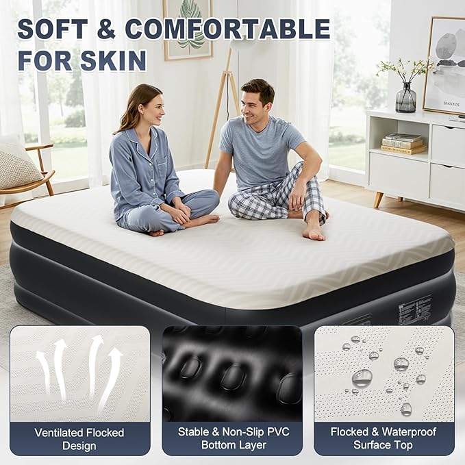 Outvita 18in Queen Air Mattress with Built-in Pump Foam Topper Inflatable Air Bed Quick Assembly Comfort Luxury Blow Up Sleeping Mat for Guests and Home Camping Travel 650lbs Weight Capacity