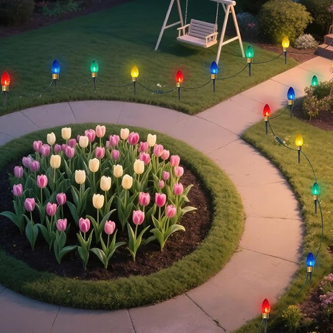 2 Pack Jumbo C9 Christmas Pathway Lights Outdoor Total 14FT 8-Light Multicolor Diamond Connectable Plug in for Walkway Fence Yard Garden
