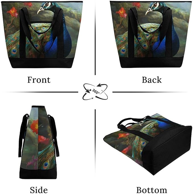 Insulated Shopping BagLarge Reusable Cooler Bags Colorful Peacock Printed Foldable Shopping BagTravel Waterproof Shoulder Bag