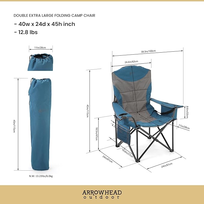 ARROWHEAD OUTDOOR 2-Pack Oversized XXL Portable Folding Camp Chair w/Glass &amp Cup Holders Armrest Cooler Heavy Duty Carry Bag 600 lbs Weight Capacity