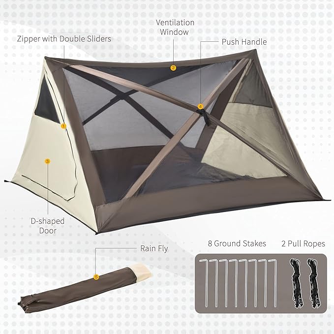 Outsunny 2-3 People Pop Up Camping Tent Waterproof Automatic Instant Tent Portable Cabana Beach Tent with Rainfly Carry Bag Windows and Doors Outdoor Camping Hiking Indoor