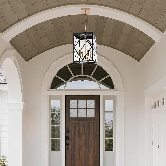 4-Light Outdoor Pendant Lights for Porch 15.7'' Outdoor Chandelier Black &amp Brushed Brass Exterior Hanging Porch Light Fixtures w/Clear Glass Waterproof Outside Pendant Lantern for Front Door