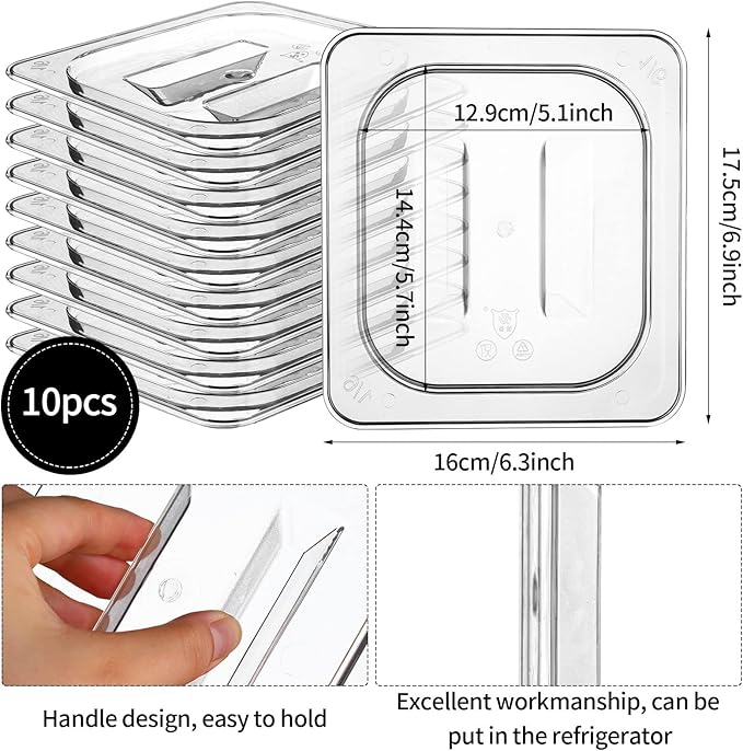 10 Pack 1/6 Size Clear Food Pan Lids Polycarbonate Universal Handled Food Pan Lid Plastic Pans Lid with Handle Restaurant Commercial Hotel Pans Cover 6.9 x 6.3 Inch for Fruits Vegetables