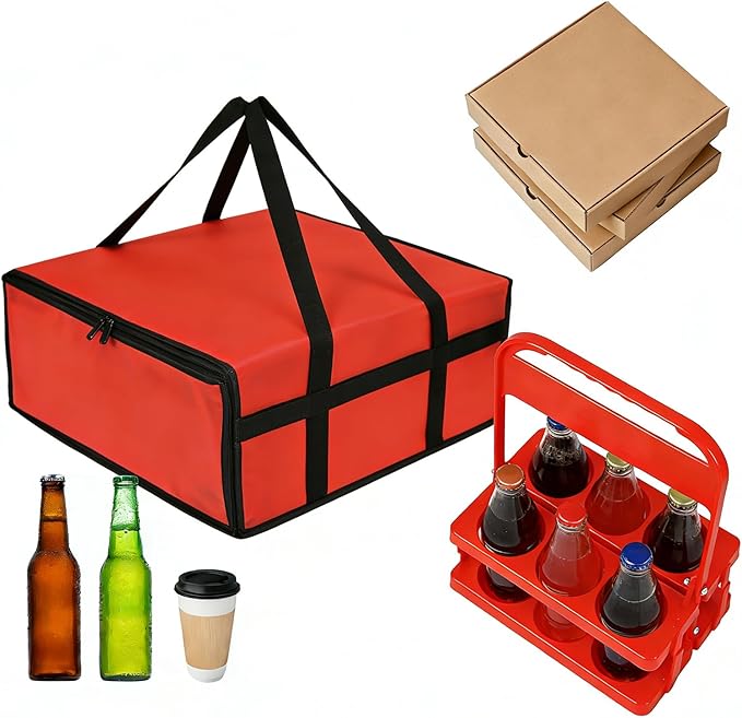 Insulated Pizza Bags for Delivery Doordash (20“x20”x6) &amp 6-Cup Drink Carrier with Handle for DeliveryHot/Cold Insulation for Food