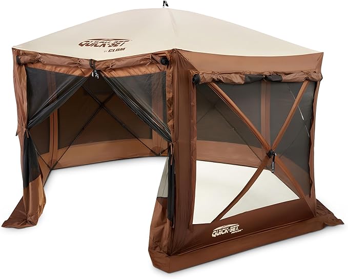 CLAM Pop Up Screen Tent Large Outdoor Camping Gazebo Canopy Pavilion 12.5' Brown - Foldable and Portable Screened Shelter with Netting for Beach Patio and Backyard