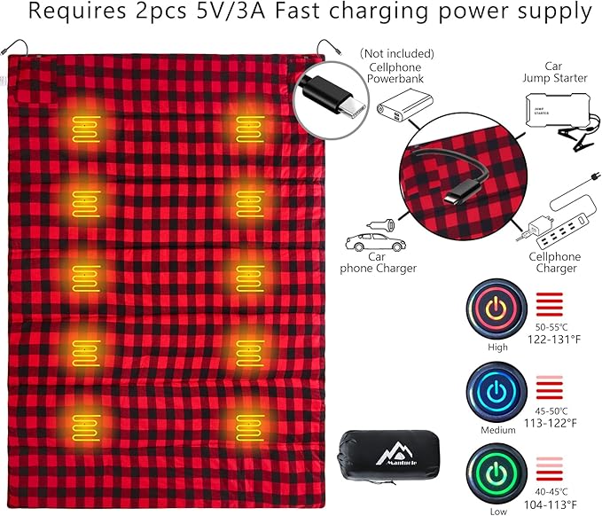 Heated Sleeping Bag pad Heated Sleeping Bag Liner Type-C Input 5+5 Heating Zones Operated by Power Bank (Battery NOT Included) or Other USB Power Supply. Type-C.