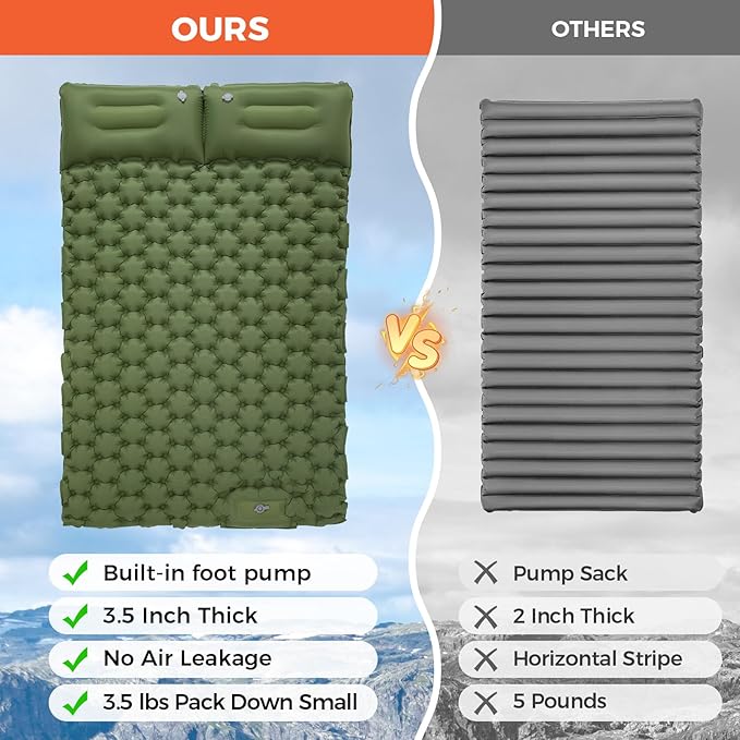 KingCamp Sleeping Pad for Camping Ultralight Connectable Inflatable Sleeping Pad Camping Mattress with 6.3 Built-in Pillow &amp Foot Pump for Backpacking Hiking Tent Cot