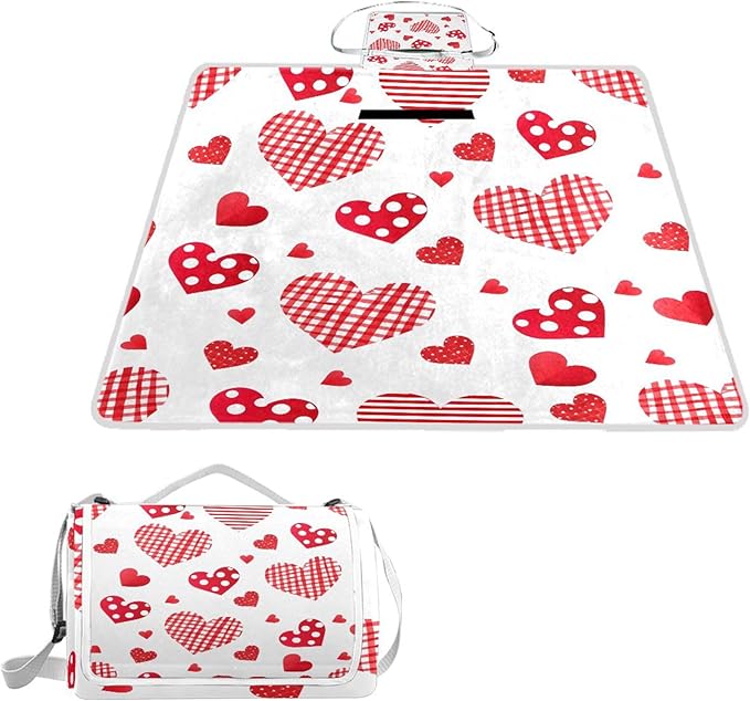 MNSRUU Picnic Blanket Waterproof Foldable Dotted Heart Large Outdoor Picnic Beach Camping Blanket Travel Mat Shoulder Strap Tote Rectangle 57x59in