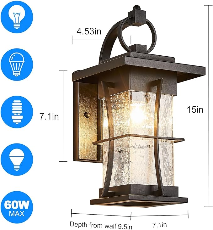 Outdoor Wall Sconces Light Fixtures Exterior Wall Lantern Outside House Lamps Waterproof Black Metal with Clear Seeded Glass Perfect for Exterior Porch Patio House